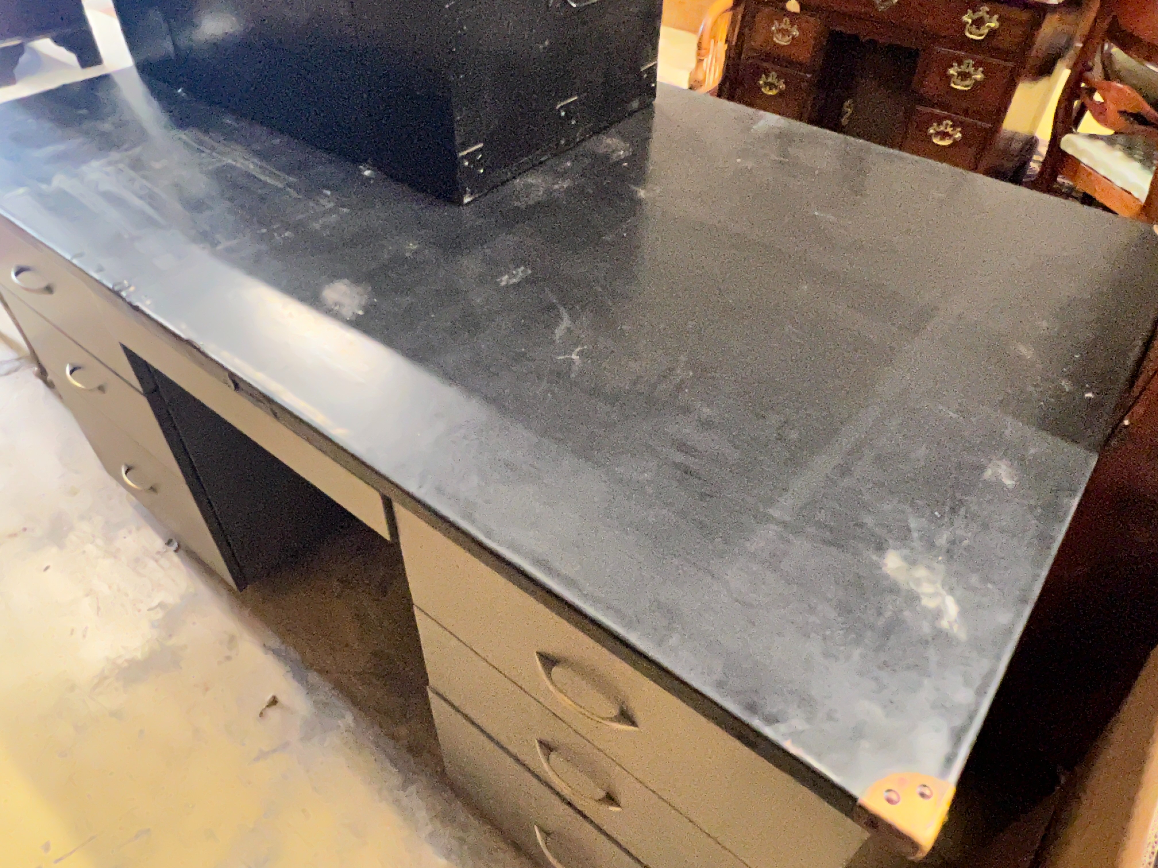 An industrial style grey metal kneehole desk, length 152cm, depth 91cm, height 78cm